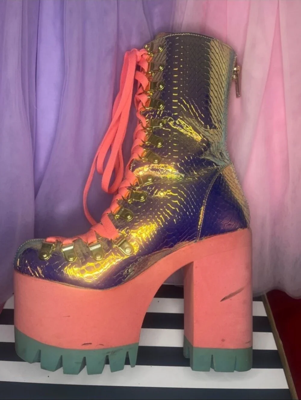 Dolls Kill Iridescent Purple Lace-Up Platform Boots with Coral Laces Size 7